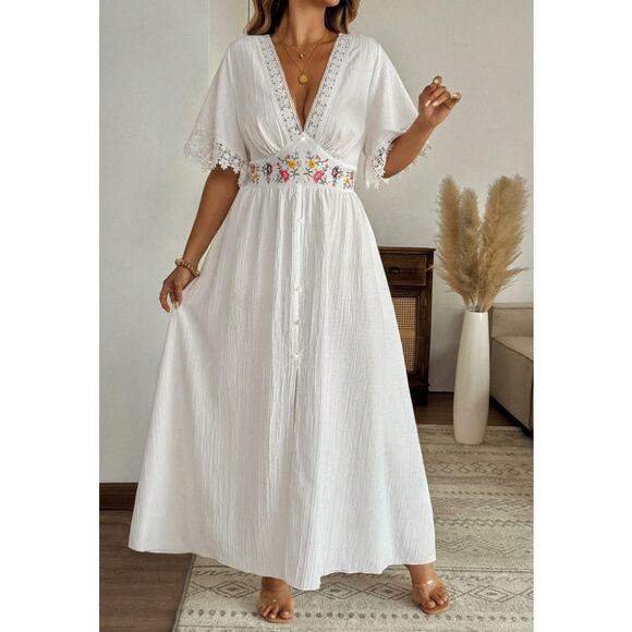 SHEIN Dresses & Skirts - SHEIN Duster Maxi Dress Womens Size XXL White Floral Embroidered Boho Cover Up